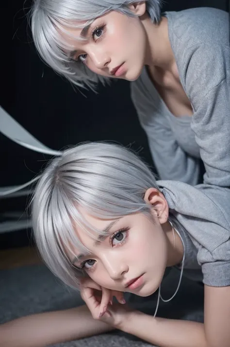 A beautiful boyish girl is being raped　 silver hair short hair that hits the face 