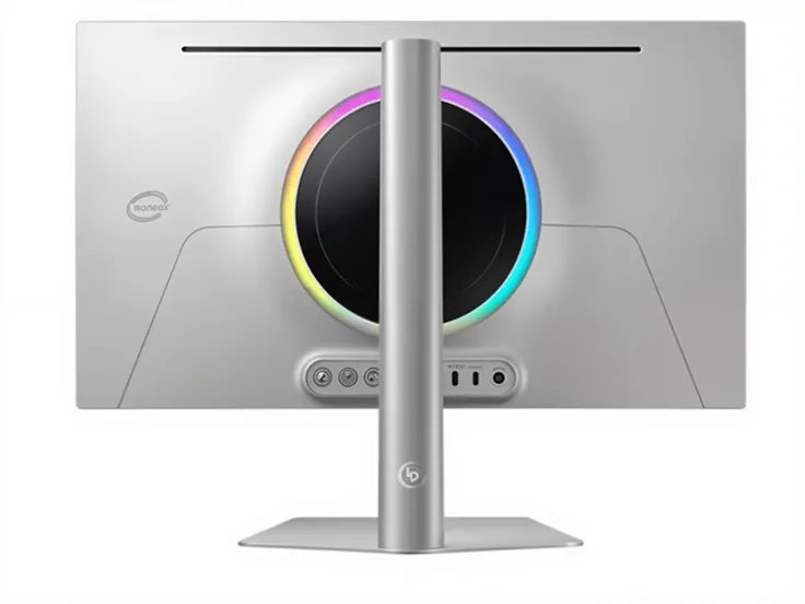 The back of a flat panel LED gaming monitor features a professional and stylish design, with a geometric centerpiece and colorful mood lighting effects around the edges, showing the back of the monitor against a white background. This demonstration highlig...