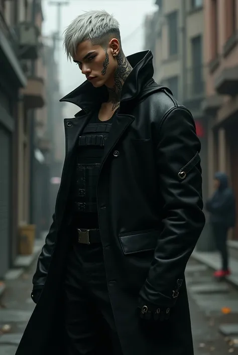  Ryo has a modern and intimidating look ,  with bleached hair in a shade of greyish white and a snake tattoo that extends from the neck to the shoulder.  She always wears a stylized black coat with a bulletproof vest , tactical pants and boots .