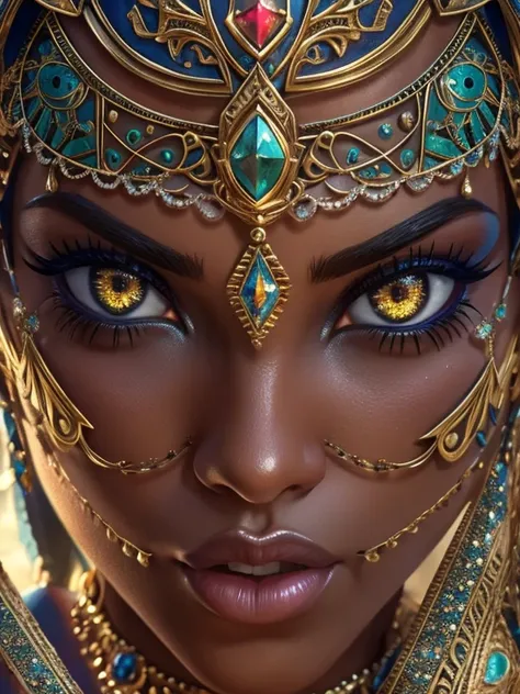 beautiful detailed eyes, beautiful detailed lips, extremely detailed eyes and face, long eyelashes, 1girl, elf, adriana lima, busty, belly dancer costume, fantasy, dark skin, detailed 3d render, cinematic lighting, vibrant colors, dramatic shadows, highly ...