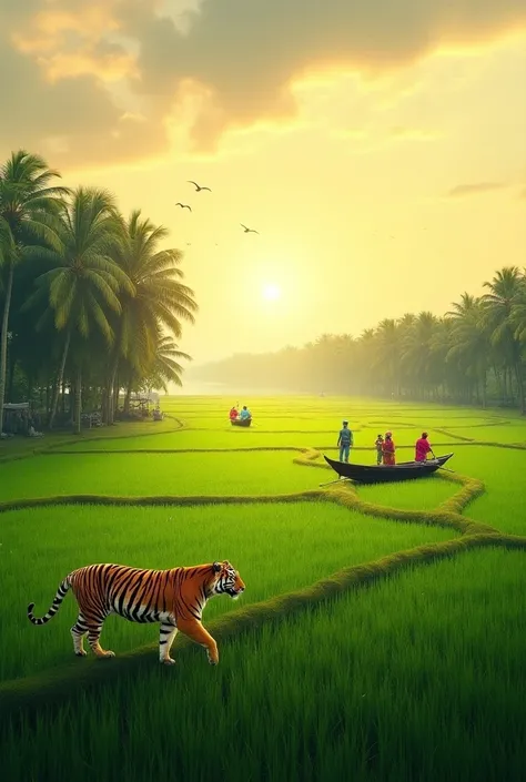 A breathtaking, realistic landscape of Bangladesh featuring lush green paddy fields stretching to the horizon, traditional wooden boats gently floating on a calm river, and people dressed in colorful traditional attire. A soft, golden light from the settin...