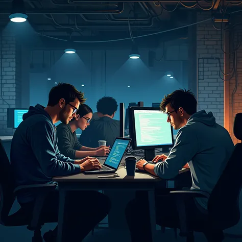 A group of software developers working intensely in a dimly lit basement room. They are focused on their screens, coding with serious concentration. The room has an underground, tech-startup vibe with exposed brick walls, cables, and computer equipment sca...