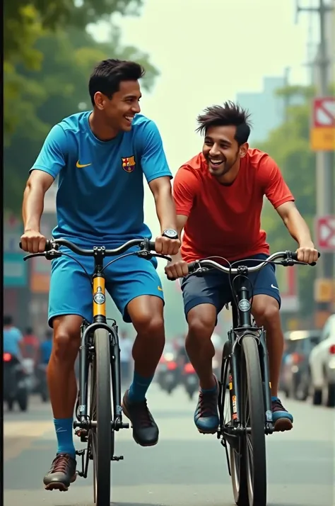 Video of Indian football player Sunil Chhetri and Argentine football player Messi riding a bike