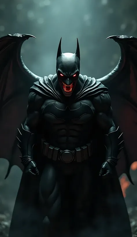 full picture of realistic and scary  batman with sharp fangs, glowing red eyes, bat wings, and an ominous, vampire-like aura looks like a scary vampire lurking in shadow