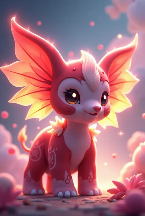 Pokemon, 3d anime, female baby elephant, red and pink skin, fire and fairy type, big ear, ear like wing