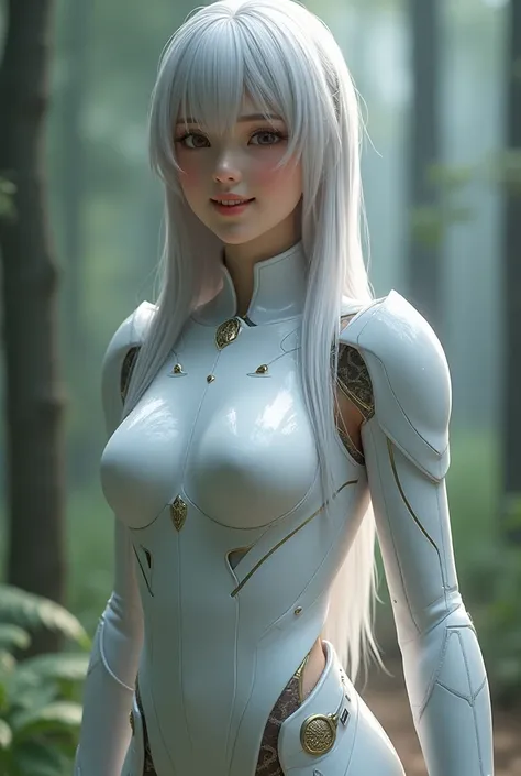 18-year-old female， Face Fineness ，Full body display，170 cm tall ，Beauty，silver hair，fair skin， Minimal Fine White Tech Armor， Exposure ，Smooth Skin ， High Resolution 4K ，Smile，Big breasts，raindrop，forest，Sexy body，Like an angel，long legs，Buttocks，