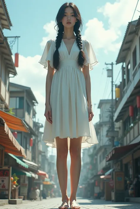  Create an image of a 90 meter tall girl. (shes standing outside in town ,  she has a white knee-length dress,  black hair ,  hair style two long braids ,  she has dark makeup ,  she is standing without shoes )
