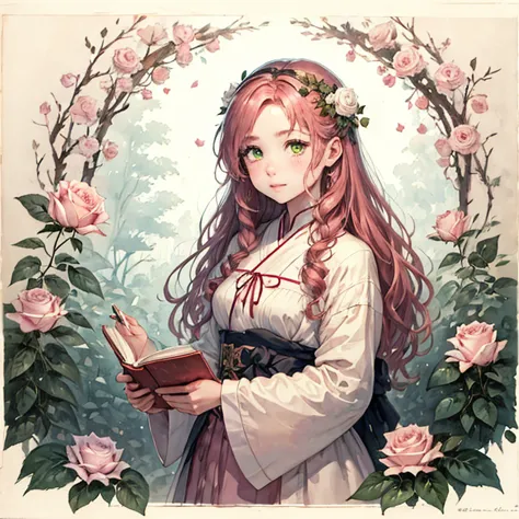 Best Quality,    1 girl,    very delicate and beautiful , young,   Brownish Pink hair  ,  Straight  　green eyes ,        Pinch Your Nose       , ( very young), ((Very beautiful)),  intellectual,         happy        ,  White Rose　books　warm　     portrait o...