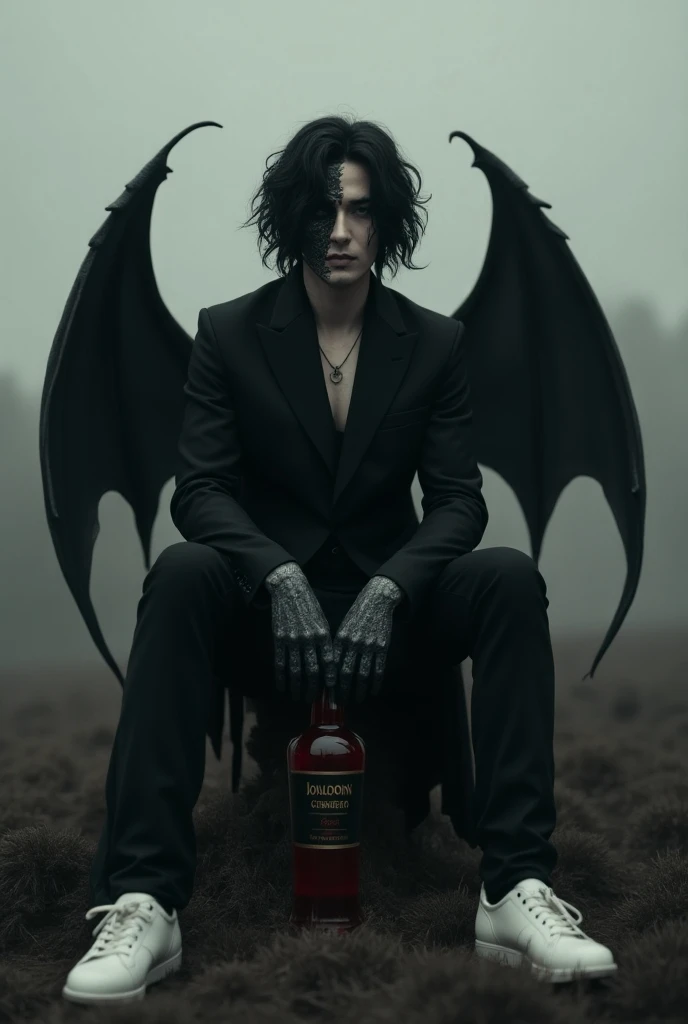 A stylish half face human half face demon holded alcohol bottle wearing black blazzer and black pant with white shoe with black & white wings and black hair sitting on scary field