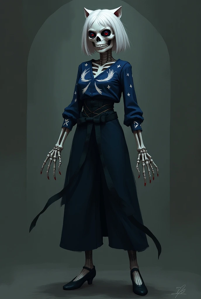 Alexa is a skeleton, she has white wolf cut hairstyle, wears a dark blue blouse with white bird patterns, wears a belted high waist black pants and she wears dark navy ballet shoes, she has X crosses sigil at the back of her palms, her pupils normally whit...