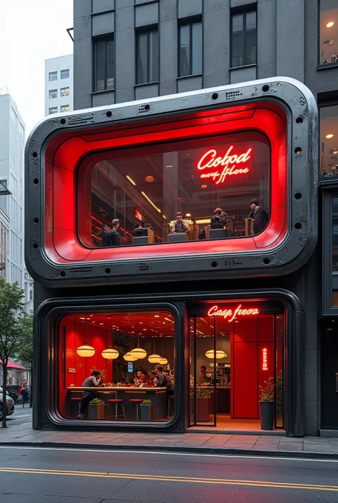 Retro-futuristic coffee shop and metal and red should match. Take a photo of the exterior . More futurism and it should look like a store on the first floor of the building. more metal. Make it smaller it should be on the first floor. Less. On one floor. E...