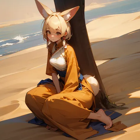 , a fennec girl with big ears and a sand-colored tail,  with long curly sand-colored hair , with freckles all over her body ,  in traditional Indian clothes 