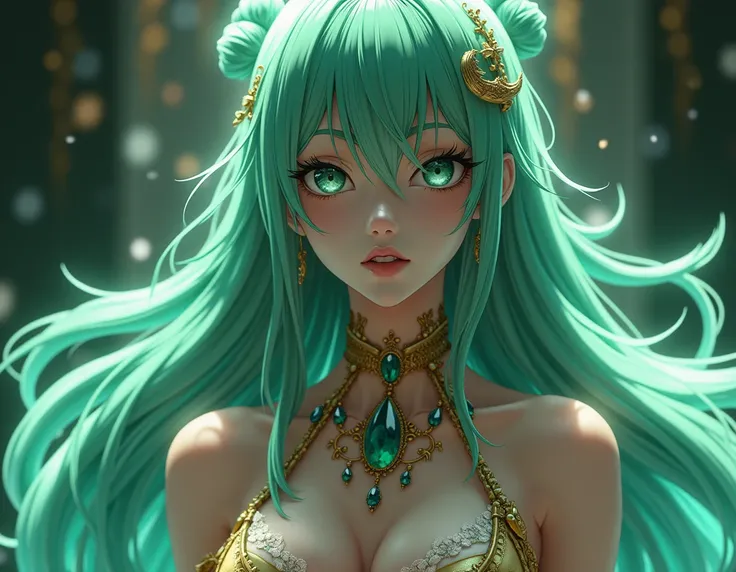 1girl, hyper detailed, realistic, photorealistic, highly detailed face, beautiful detailed eyes, beautiful detailed lips, extremely detailed face, long eyelashes, Neliel from Bleach, sexy outfit, flowing green hair, curvy figure, intricate jewelry, glowing...