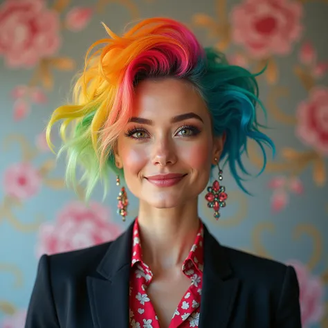 style analogique, sourire, Style de séance photo, femme business, style par Flora Borsi, audacieux, couleurs vives, coupe de cheveux arc-en-ciel irisé, ((Flora Borsi)),