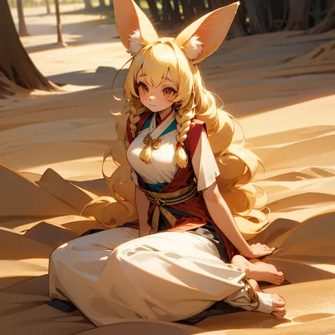 , a fennec girl with big ears and a sand-colored tail, with long curly blond sand-colored hair , with freckles all over her body ,  in traditional Indian clothes 