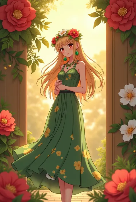  Detailed Beautiful Anime Style 、 large red, white, and yellow flowers are green all over the sepia colored wall There are lots of leaves blooming along with the leaves 。 A 16-year-old very beautiful blonde glamour and sexy Egyptian woman standing at an an...