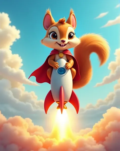 Ultra-detailed, high-resolution image of a playful, cute squirrel sitting confidently on top of a rocket as it launches into the sky. The squirrel has big, expressive eyes and a cheeky grin, gripping the rocket with tiny paws. Its red superhero cape flutte...