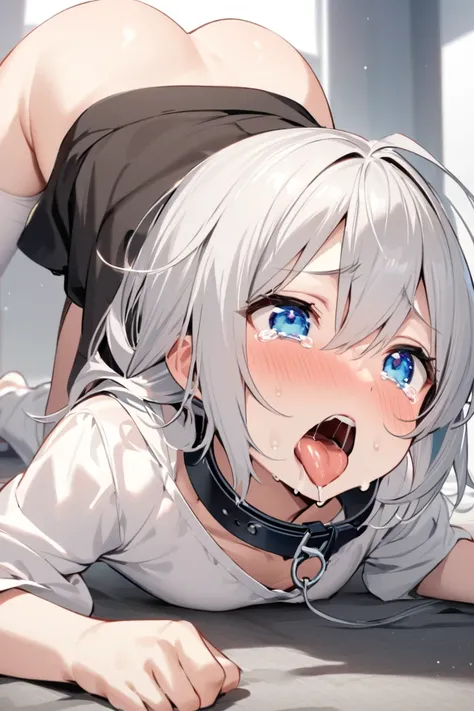 Best Quality　male　 cute　Shota　　 silver hair and blue eyes　 short　 is crying　Wearing a collar　It is connected to the lead　 is on all fours　whole body　Drooling　 is opening his mouth　 sticking out her tongue 　A penis is inserted in the ass