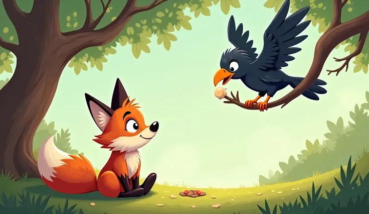 fox sitting on ground looking at crow on tree branch holding a food in his mouth. Create cartoon picture