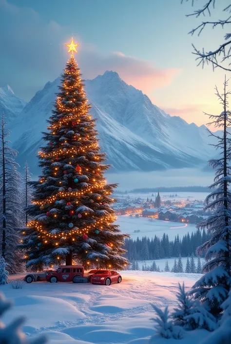 beautiful Russian landscape with a decorated Christmas tree