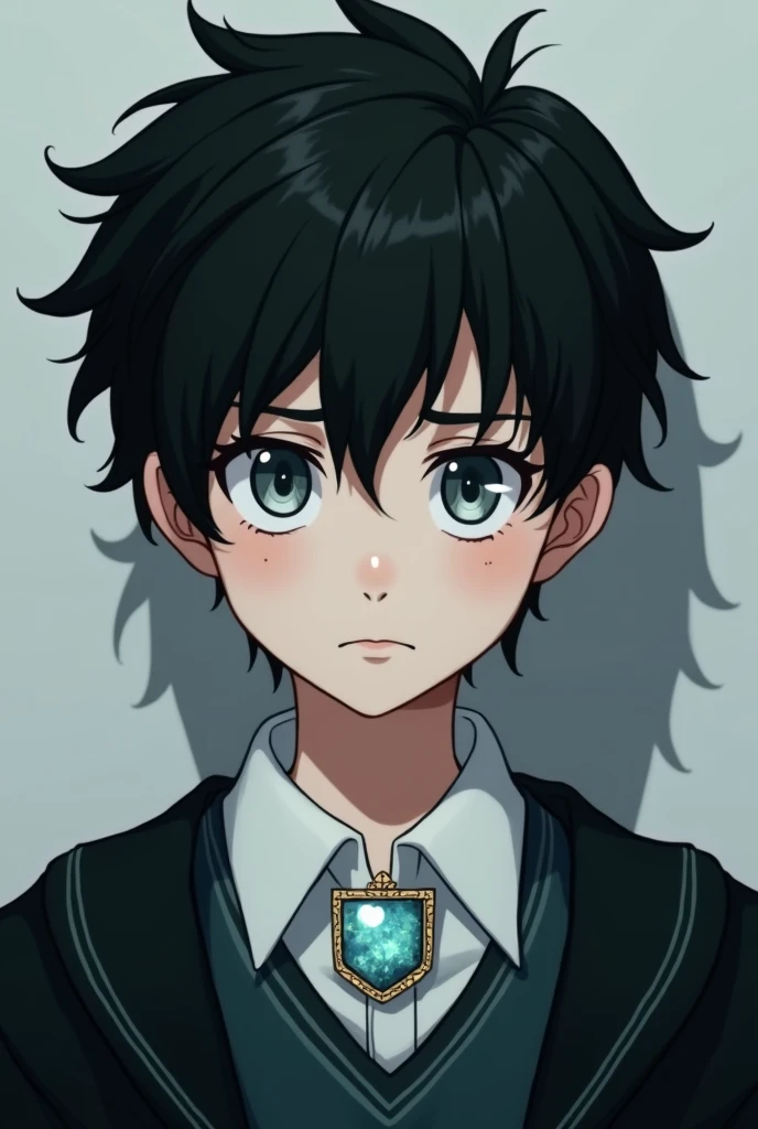 An  boy with bright gray eyes, black hair, white skin, two personalities,  shadow behind him, wearing a necklace made from Aquamarine. Wearing the Hgaewatt Gryffindor school uniform. 
 Being British, realistic 4k