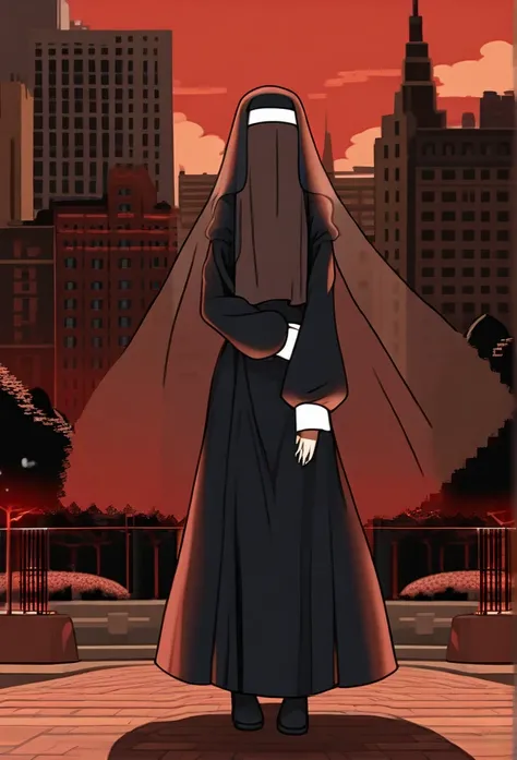 Solo, 1girl, tall women, puff shoulders, black nun outfits, long skirt, faceless, veil /(Veil covering face), sleeves past wrists, sleeves past fingers, sexy, overly long sleeves, wide open loose sleeves, standing, park, day, city, hell, red sky