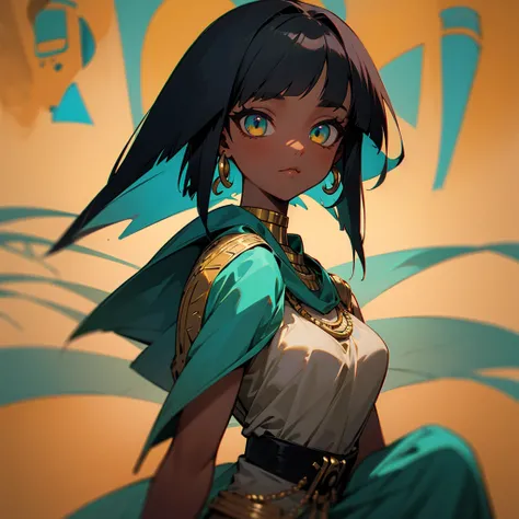  cat girl in Egyptian traditional clothes, with Birbze eyes , turquoise and black bob hair,  dark skin and hieroglyphs all over her body .