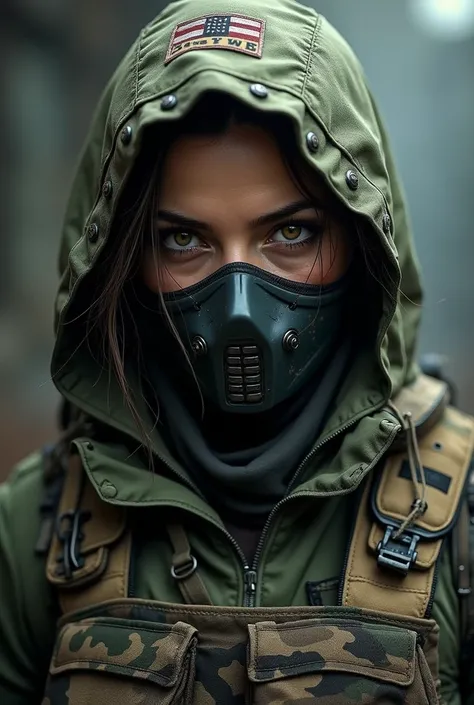 create a female soldier with camouflage uniform hood and mask in close