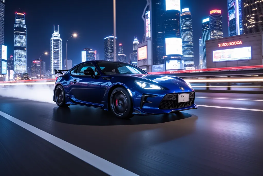 sports car driving on the highway with the neon city in the background at night"gr86"