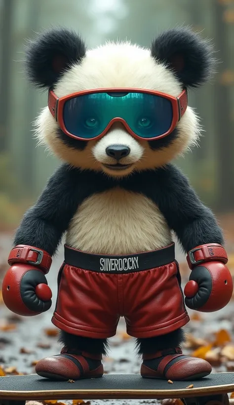 Un panda tout petit avec un short de boxe lunette sur le nez avec linscription sur le torse "SILVERLOCKY" assis sur les wc entrain de boire une monster avec son skate à côté avec pleins dabeilles autour de lui