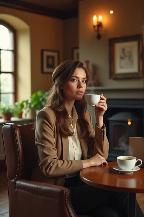 A Italian female drinking coffee on a hotel in beautiful Irish Village 