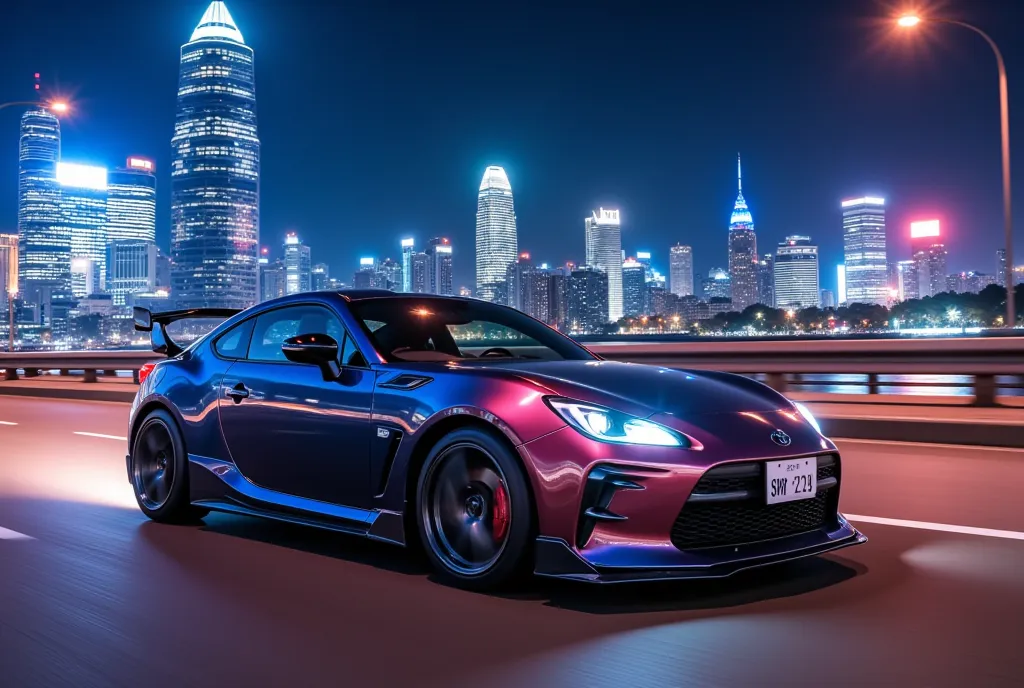 sports car driving on the highway with the neon city in the background at night"gr86"