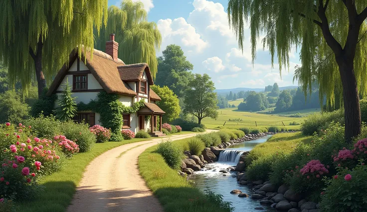 (masterpiece:1.2) (photorealistic:1.4) A Country road winding along the valley, a stony creek with a small waterfall, blackberry bushes on the side of the road, weeping willow trees, a small thatched cottage, with roses growing, a summers day in beautiful ...