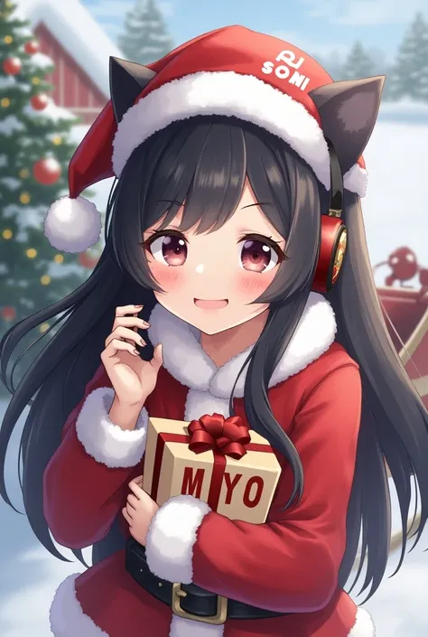  black haired girl with cat ear shortcuts 。Eye color is black。 Santa cosplay 。Somi letters on her shoulder 。 costume hat with somi letters 。 carrying gifts with MYO letters 。 The background is on a sleigh and looks happy。