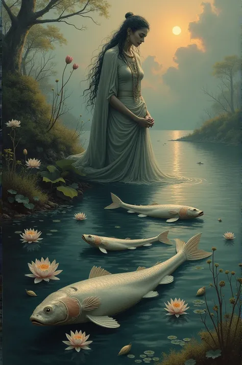 Goddess Ganga is crying over dead fish in the river pond. On Loy Krathong Day