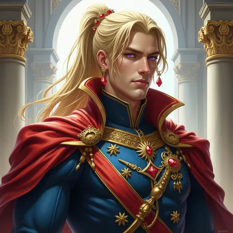 A man of six feet, with long blonde hair, he ties her hair with a golden ribbon in a ponytail, violet eyes and a sharp face. he wears a royal uniform with a royal cape around her neck. Golden ornaments all over her clothing, from her left ear a scarlet dia...