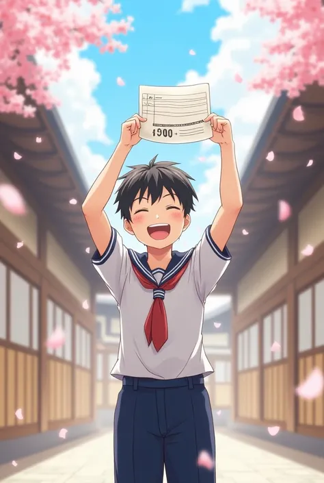 Make a picture of a Korean student wearing a school uniform looking happy after finishing his exam. Mark a score of 100 at the top of the picture.
The picture makes the animation look like an animation.