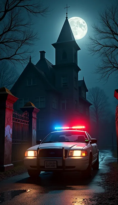 In cinematic 3D style ,HD image ,realistic image ,colourful image.
Action,It is a very dark night, the moon is shining, the police vehicle is old mansion gate the cars lights and the police siren are on, the car has stopped in front of the gate of an old m...