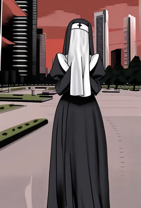 Solo, 1girl, tall women, puff shoulders, black nun outfits, long skirt, faceless, nun veil /(Veil covering face), sleeves past wrists, sleeves past fingers, sexy, overly long sleeves, wide open loose sleeves, standing, park, day, city, hell, red sky