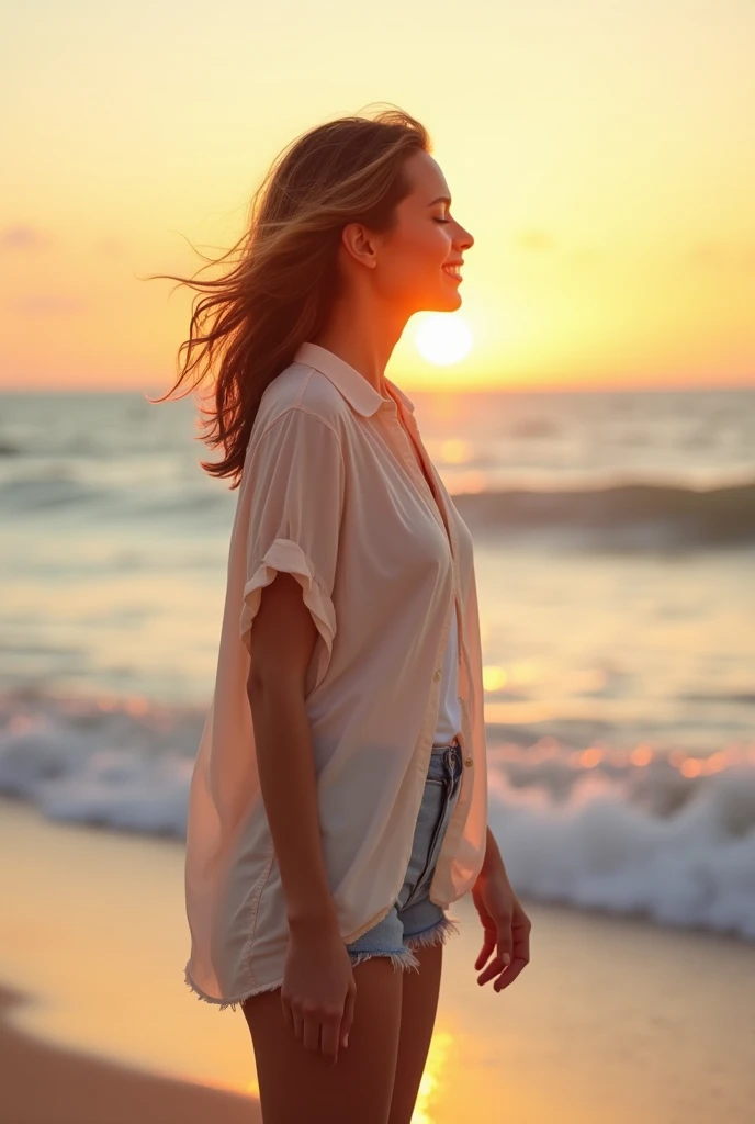 "A radiant woman around 35, casually dressed in a flowy shirt and comfortable shorts, standing by the shoreline at a beach. Her hair is slightly tousled by the ocean breeze, and she’s looking out at the sea with a peaceful, content expression. The backdrop...