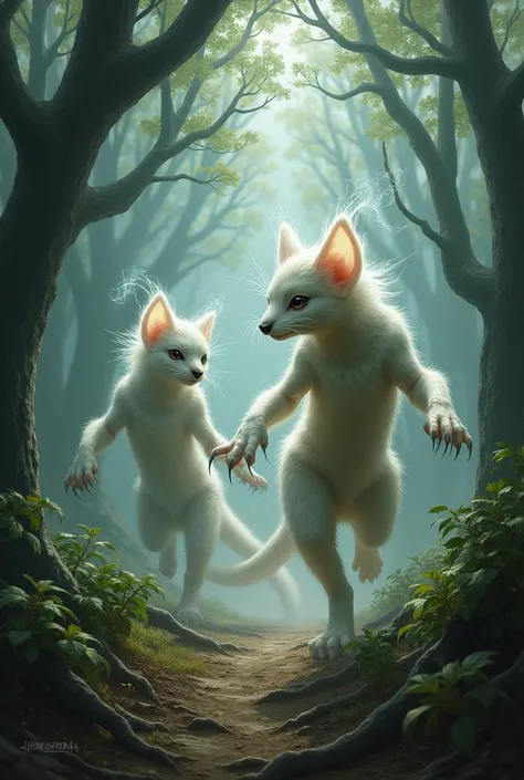 A trio of wind spirits known as Kamaitachi, resembling weasel-like creatures with sharp claws, swirling through a stormy forest trail. They are partially obscured by a strong gust of wind, creating an intense and mystical atmosphere."
