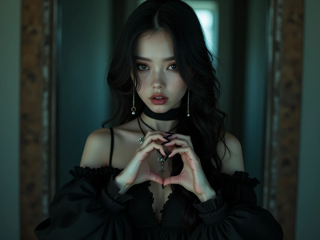 A beautiful obscure girl 25yo, dark eyes, white skin, wear a black clothes, ultra hd, vampire,She made a heart-shaped gesture with her hands