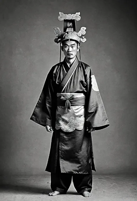 monochrome、man in an ancient chinese costume 、 has a dumplet-shaped bow above his head