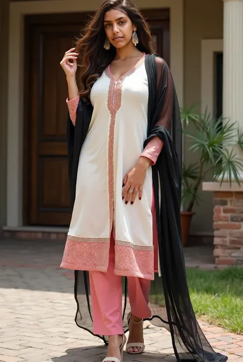 woman outside home wearing white pink colour Sexy  Womens Cotton Blend Straight Kurta Pant Set With black Dupatta, curvy model, beautiful model girl, perfect body, sexy girl, wearing tight shirt, lovely woman, brown hair and a perfect body, very attractive...