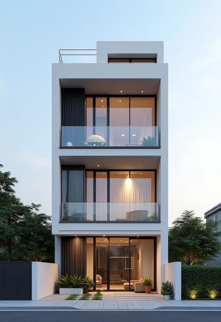 modern townhouse architecture, 4 floors high, 5m wide frontage, straight view, highest quality, 8k, true daylight