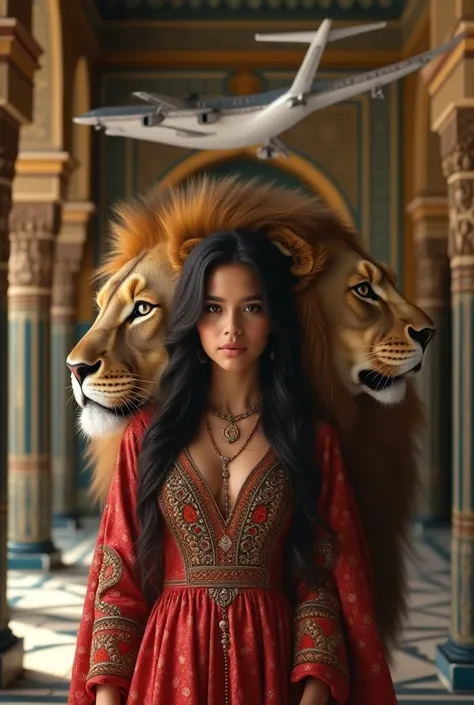  Beautiful girl with long wavy hair, traditional Moroccan kaftan dress ,  a lion will be around her  ,  inside a Moroccan castle,  a plane in the sky  , Write the name HAYAT on the photo 