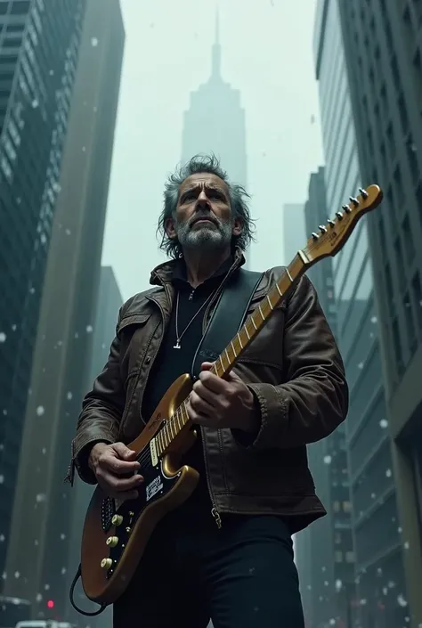 Высокое качество, 8K Ultra HD, movie poster: forty-year-old rock musician in a leather jacket and with a guitar in the middle of skyscrapers, winter, megapolis, name of movie is "rock forever"