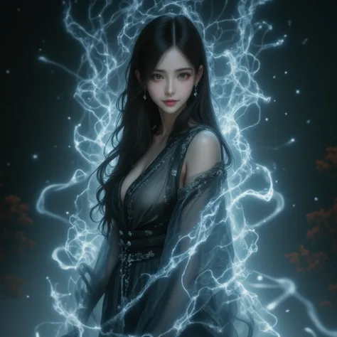 hyper-realistic art style,fantasy art,fein art,a mystical slender East-Asian woman dressed in flowing, ghostly robes. Surrounded by swirling dense mist that wraps around her figure in intricate, ethereal patterns. The background is dark and atmospheric, wi...