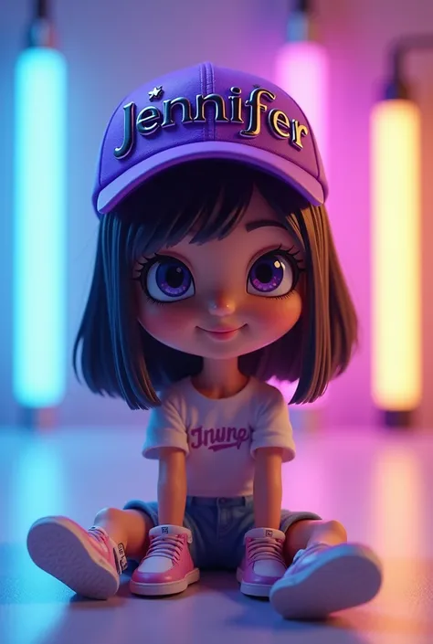 A captivating 3D render of a chibi-style social media influencer named "Jennifer." She sports a trendy purple cap with her name in metallic black letters, and sits beside the vibrant logo. Her outfit, including a trendy t-shirt, shorts, and accessories, po...