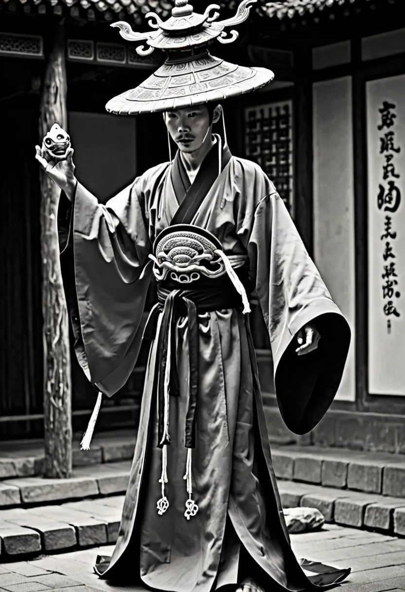 monochrome、man in an ancient chinese costume 、there is only one overhead eel、